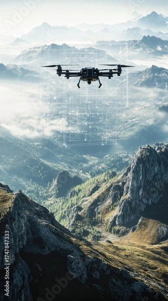 Obraz Drone flying over majestic mountain range with digital overlay technology