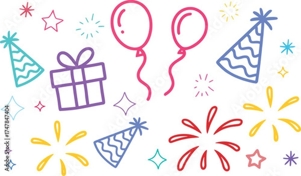 Fototapeta Hand drawn doodle style birthday party elements including balloons gift boxes party hats and fireworks on white background