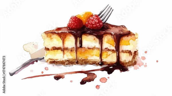 Obraz National Boston Cream Pie Day. Delicious cheesecake slice with chocolate drizzle and fresh berries on white background