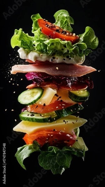Obraz Vibrant tower of fresh vegetables and ham against black background