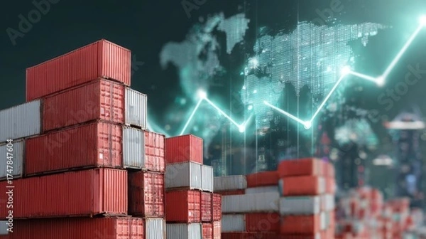 Obraz Global shipping growth concept with stacked cargo containers and digital graph overlay
