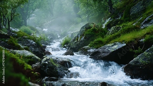Fototapeta A mountain stream rushing over jagged rocks with mist rising and moss growing on nearby stones