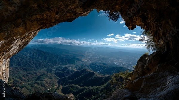 Fototapeta A panoramic view from inside a mountain cave looking out toward a sprawling valley below