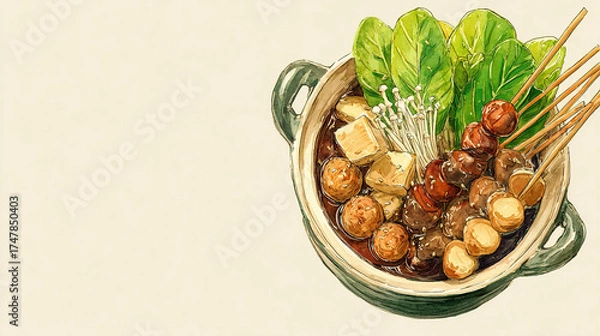 Obraz Hand - Drawn Watercolor Style Hot Pot with Meatballs and Vegetables
