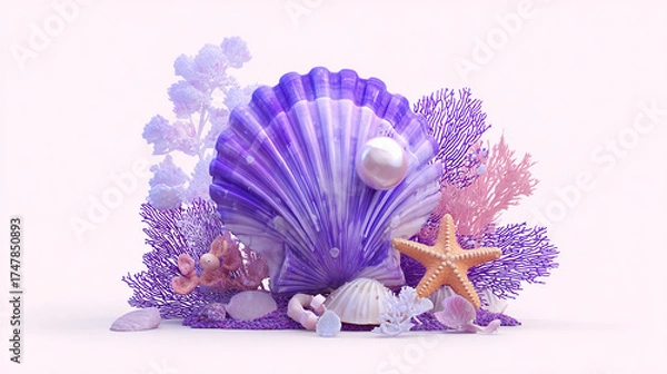 Obraz Ocean Creature Combination of Purple Shell and Pink Starfish