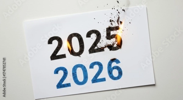 Fototapeta Burning Future: A burning paper with the years 2025 and 2026 printed on it, suggesting a pivotal moment of change and transformation in the years ahead. 