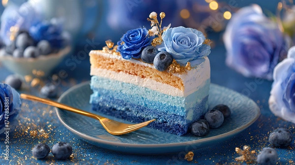 Obraz Blue and White Gradient Cake with Flower Decoration