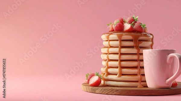 Obraz Stack of Pancakes with Strawberries and Syrup