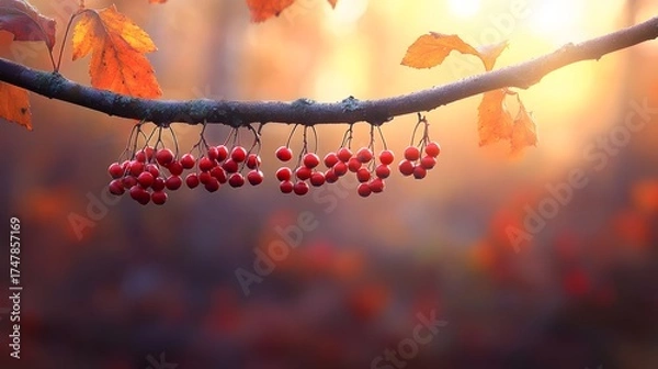 Fototapeta Autumn rowan berries on a branch with warm sunlight and bokeh background