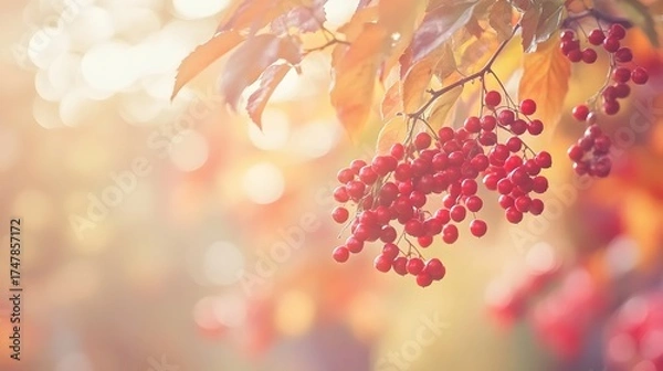 Fototapeta Autumn beauty branch with red berries in soft light nature concept