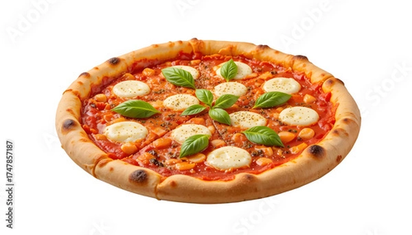 Fototapeta A freshly baked margherita pizza with vibrant tomato sauce, a few of basil leaves and melted mozzarella cheese isolated on white and transparant background