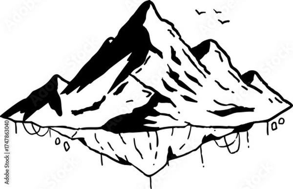 Fototapeta Hand-drawn sketch of a floating fantasy island with sharp mountain peaks and birds flying in the sky. A perfect element for fantasy maps, story illustrations, or mystical world-building.