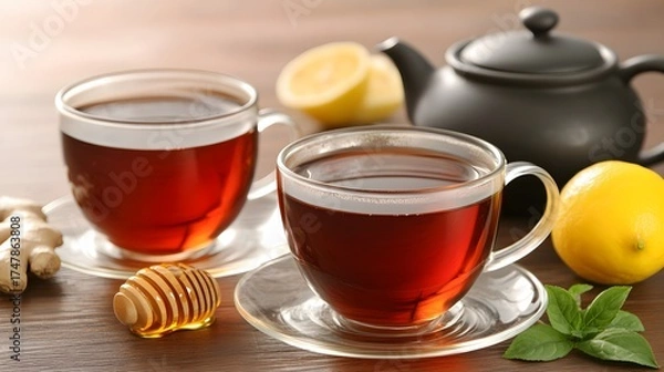 Obraz Two Cups of Aromatic Tea with Lemon Ginger Honey