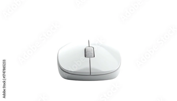 Fototapeta Overhead shot of a small, white computer mouse against a stark black backdrop