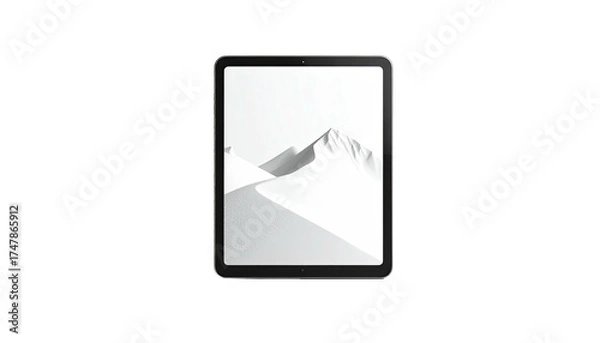 Fototapeta A tablet displays a minimalist grayscale mountain scene against a black backdrop