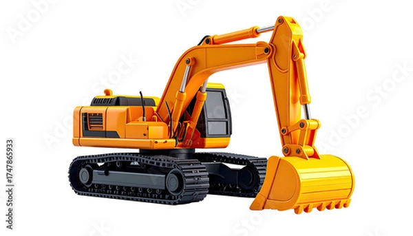 Fototapeta Bright orange construction vehicle with tracks and a bucket. Isolated on black background