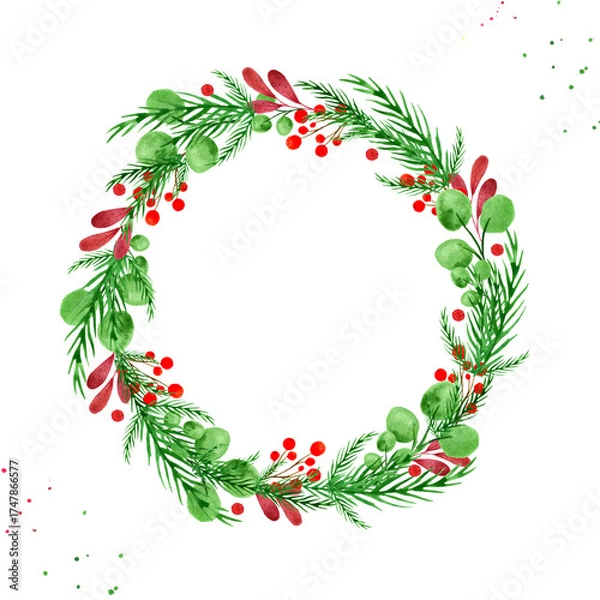 Fototapeta Watercolor Festive Christmas wreath with berry spruce branches and decoration design. Bouquet of watercolor hand-painted gor greeting card. Suitable for Christmas cards design, New year invitations