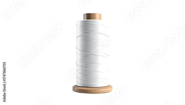 Fototapeta White thread wound on a wooden spool, isolated on a pure black background