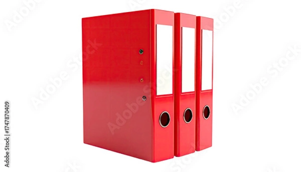 Fototapeta Three glossy red document binders stand upright against a black background