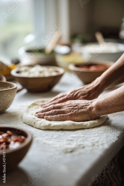 Obraz A pizza base is gently shaped by two hands on a floured surface, surrounded by rustic bowls filled with toppings in a cozy kitchen setting near a sunlit window