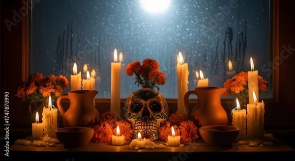 Fototapeta Traditional Day of the Dead altar with a sugar skull and glowing candles.