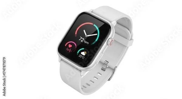 Obraz Sleek, modern smartwatch with a white strap, silver casing, and vibrant display