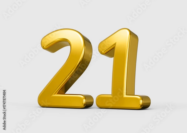 Obraz Golden metallic 3D number 21 with polished reflective shine. 3d illustration