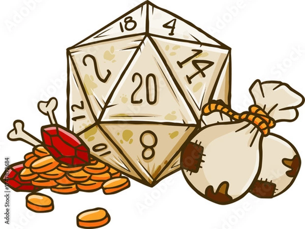 Fototapeta D20 dnd dice with gold coin and money bag. Fantasy role play icon. Tabletop strategy sticker