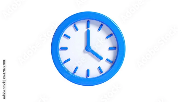 Fototapeta Blue-rimmed clock with white face and blue hands against a black background