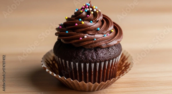 Fototapeta Closeup of a decadent chocolate cupcake with chocolate frosting and colorful sprinkles, a perfect indulgence for any sweet tooth, on a light brown wooden surface