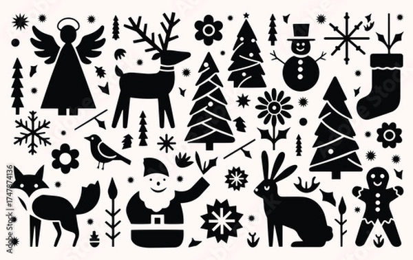 Obraz Black silhouettes of Christmas icons on a light background, including Santa, a reindeer, snowman, trees, angel, fox, rabbit, and snowflakes. Festive mood.