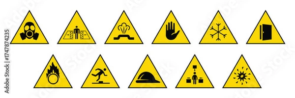 Fototapeta Safety warning sign symbol icons. Man falling down silhouette, fire, warning sign, blasts, low temperature and more sign concept. Vector illustration.