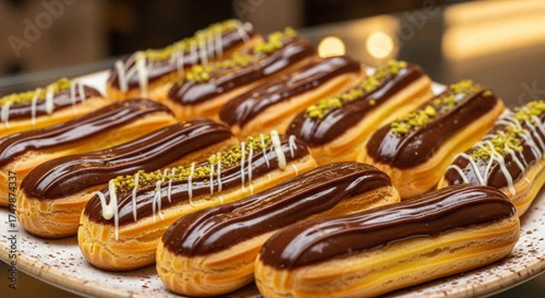 Fototapeta Delicious eclairs with chocolate glaze and pistachio topping on a plate, a perfect treat for any occasion, showcasing the art of pastry making and culinary delight