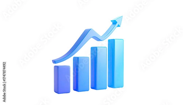 Fototapeta Blue 3D bar chart with an upward arrow, symbolizing growth on a black background