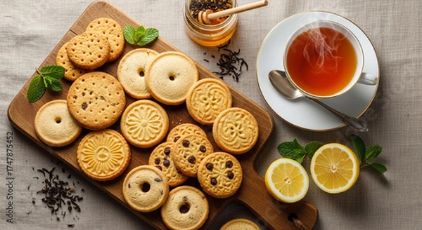 Fototapeta An overhead shot of assorted cookies, tea, honey, and lemon slices on a wooden board, creating a cozy and inviting scene for a delightful tea time