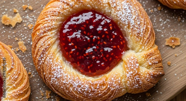 Fototapeta Closeup of a delectable raspberry danish pastry on a wooden board, sprinkled with powdered sugar, highlighting its golden crust and luscious filling
