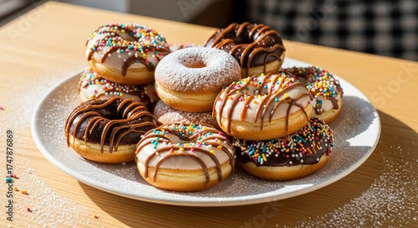 Fototapeta Pile of assorted donuts on a white plate, featuring chocolate drizzle, sprinkles, and powdered sugar, arranged on a wooden table in a bright setting