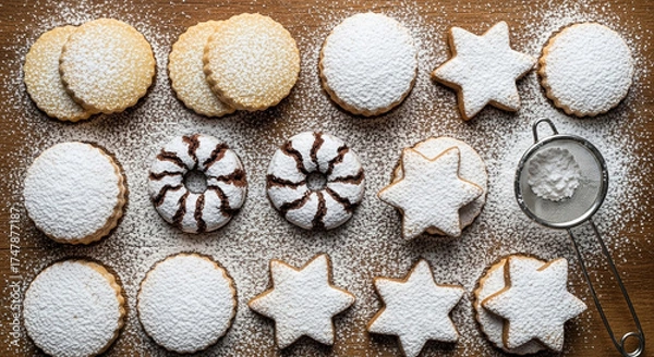 Fototapeta Overhead shot of assorted christmas cookies dusted with powdered sugar on a wooden surface, creating a festive and delicious holiday treat arrangement