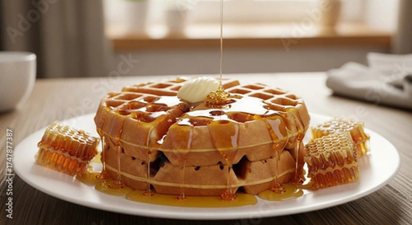 Fototapeta Delicious waffles with butter and honey served on a white plate, accompanied by honeycomb pieces, creating a tempting breakfast or dessert scene