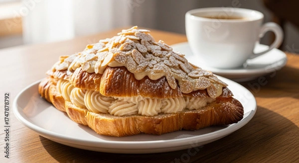 Obraz A delightful almond croissant filled with cream, dusted with powdered sugar, served on a plate with a cup of coffee on a wooden table