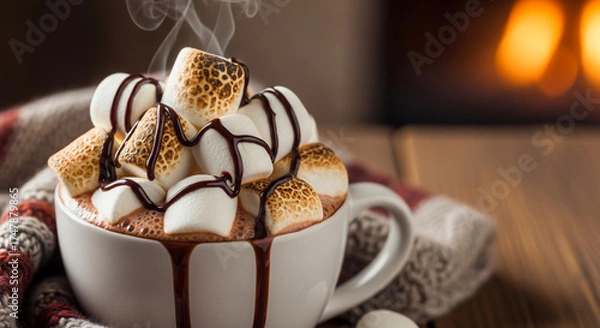 Fototapeta A steaming mug of hot chocolate overflowing with toasted marshmallows, drizzled with chocolate syrup, sits on a wooden table with a fireplace in the background
