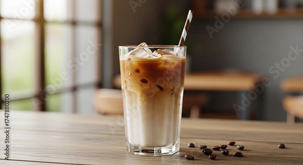 Fototapeta Refreshing iced latte with coffee beans on a wooden table, capturing the perfect blend of coffee and milk, ideal for a cafe or coffee shop setting