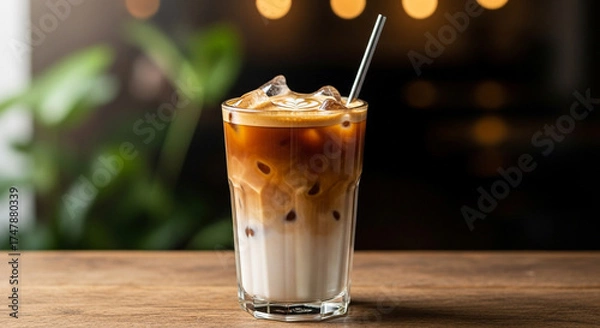 Fototapeta Iced latte with metal straw on a wooden table, showcasing the creamy layers and refreshing appeal, perfect for a coffee break in a cozy setting