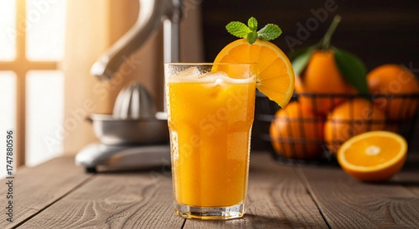 Fototapeta Refreshing orange juice with ice cubes in a glass, garnished with a slice of orange and mint, placed on a wooden table with oranges and a juicer in the background