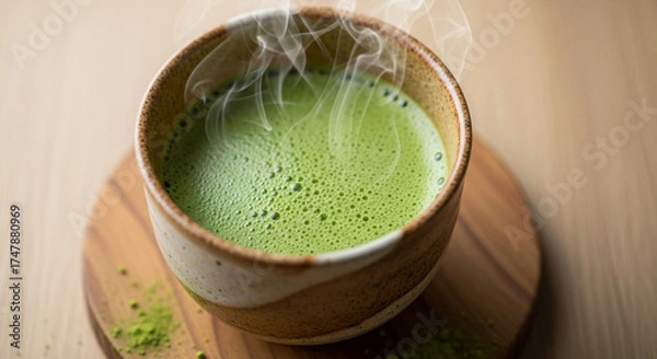 Fototapeta A cup of hot matcha tea with steam rising from it, placed on a wooden coaster, showcasing the vibrant green color and frothy texture of the traditional beverage