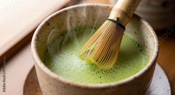 Fototapeta Closeup of a bowl of matcha tea with a bamboo whisk, showcasing the vibrant green color and frothy texture of the traditional japanese beverage