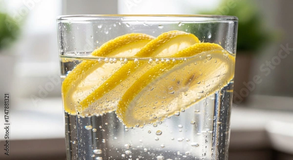 Obraz Closeup of a glass of sparkling water with lemon slices, showcasing the bubbles and the translucent texture of a refreshing drink