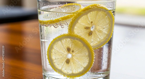 Obraz Refreshing glass of sparkling water with lemon slices, capturing the effervescence and citrusy aroma of a simple and hydrating beverage