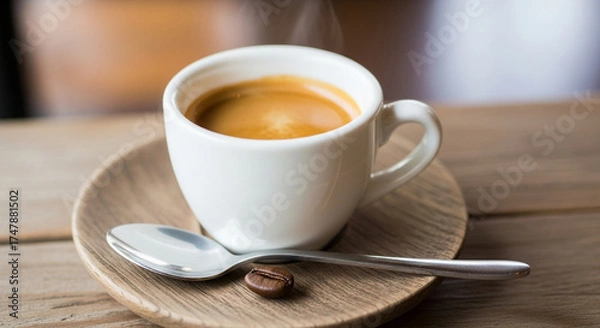Fototapeta A cup of espresso on a wooden saucer with a spoon and a coffee bean, capturing the rich aroma and inviting warmth of the beverage