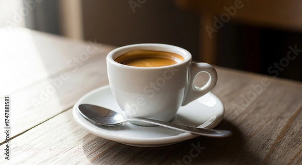 Obraz Aromatic espresso in a white cup on a saucer with a spoon, capturing the rich, dark crema and inviting warmth of the coffee on a wooden table